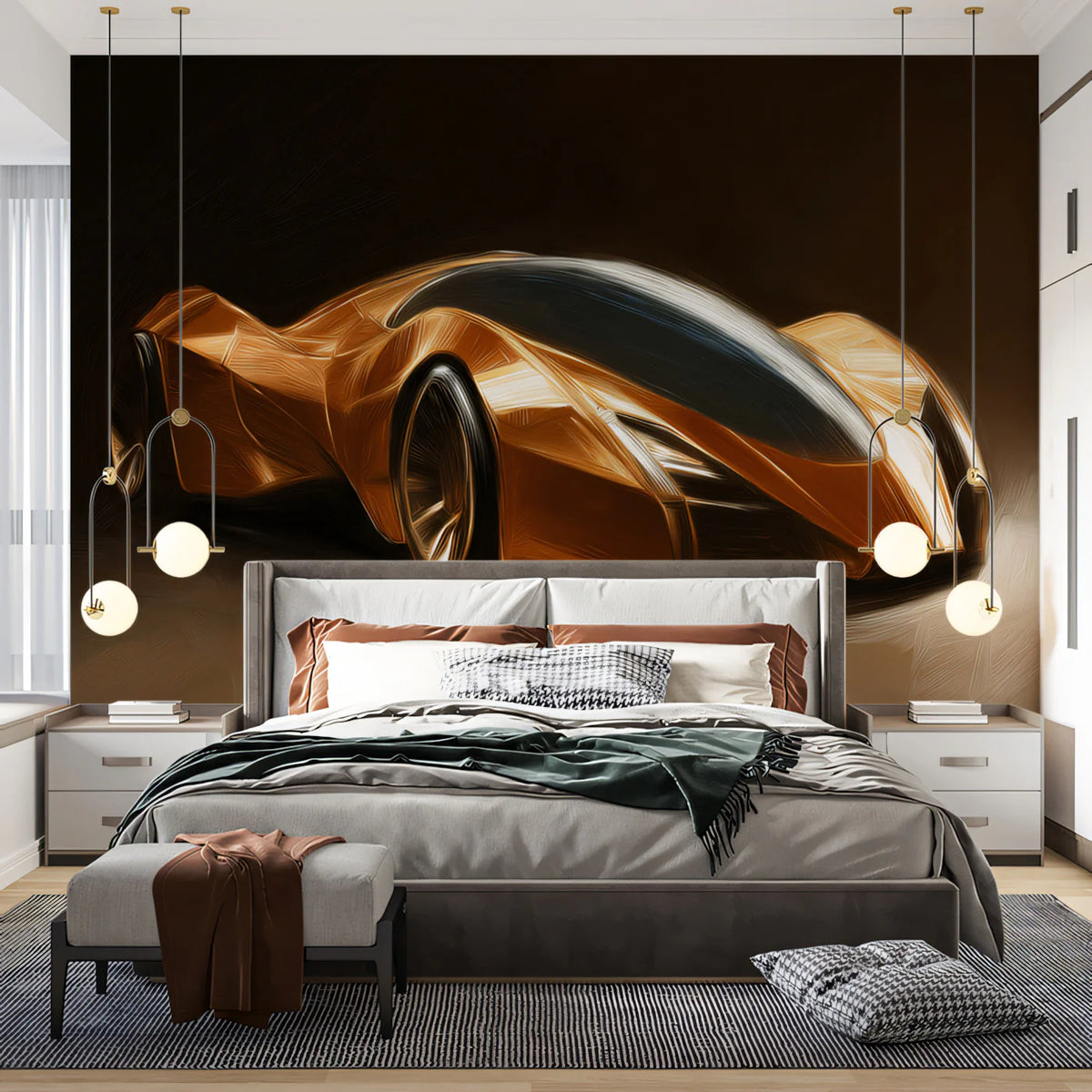 Copper Hypercar Oil Painting Mural Wallpaper — Sleek Modern Art Mural Wallpaper - room preview 02