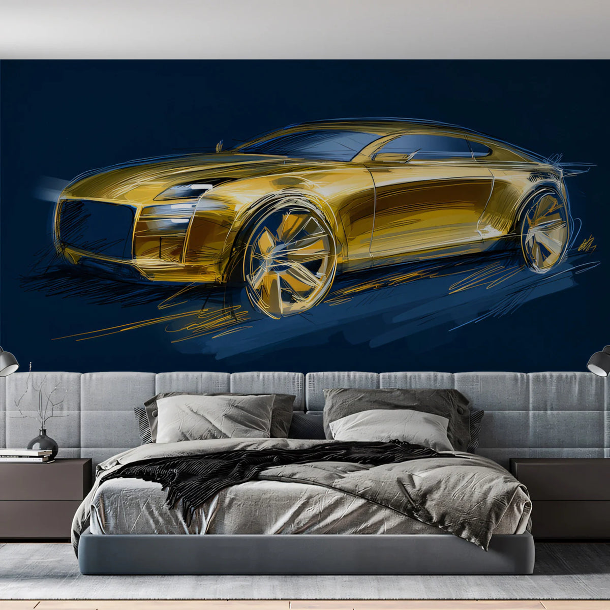 Golden Sportscar Sketch Mural Wallpaper — Dynamic Automotive Art Mural Wallpaper - room preview 02