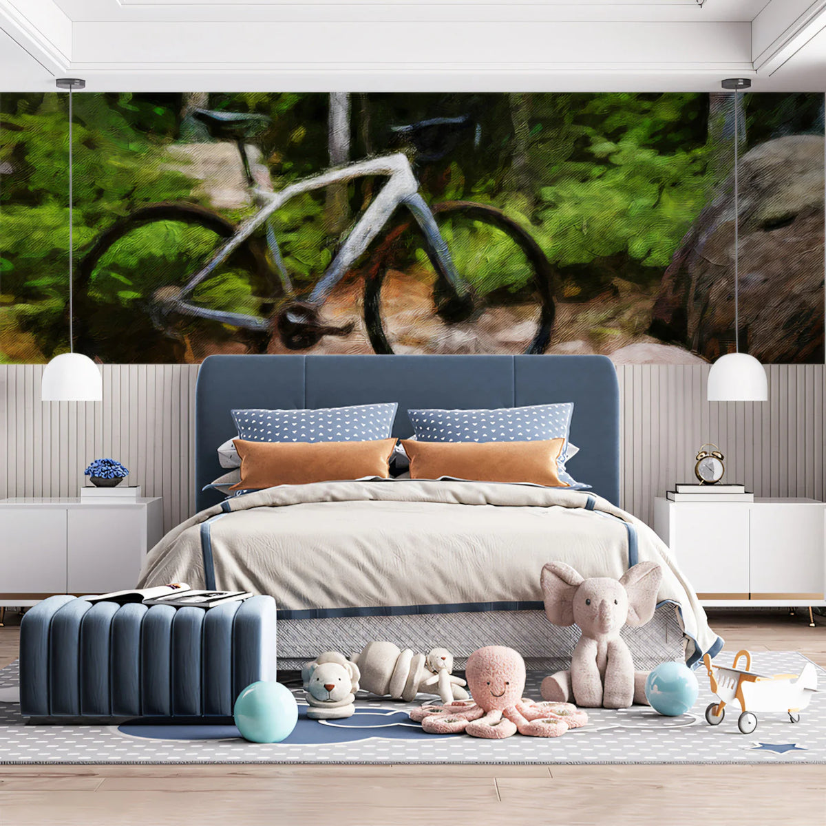 Mountain Bike Forest Trail Mural Wallpaper —Oil Painting Style Mural Wallpaper - room preview 02