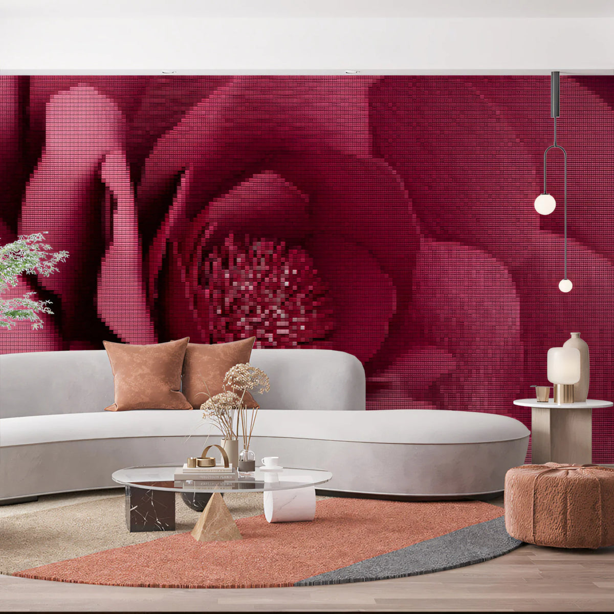 Pixel Rose Floral Mural Wallpaper — Modern Digital Mosaic Art Mural Wallpaper - room preview 02
