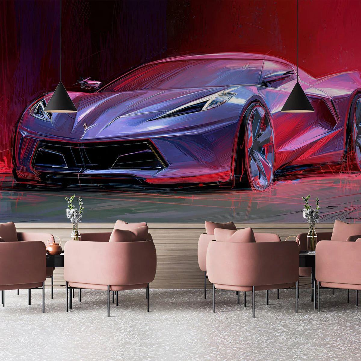 Neon Sports Car Sketch Mural Wallpaper — Bold Automotive Art Mural Wallpaper - room preview 02