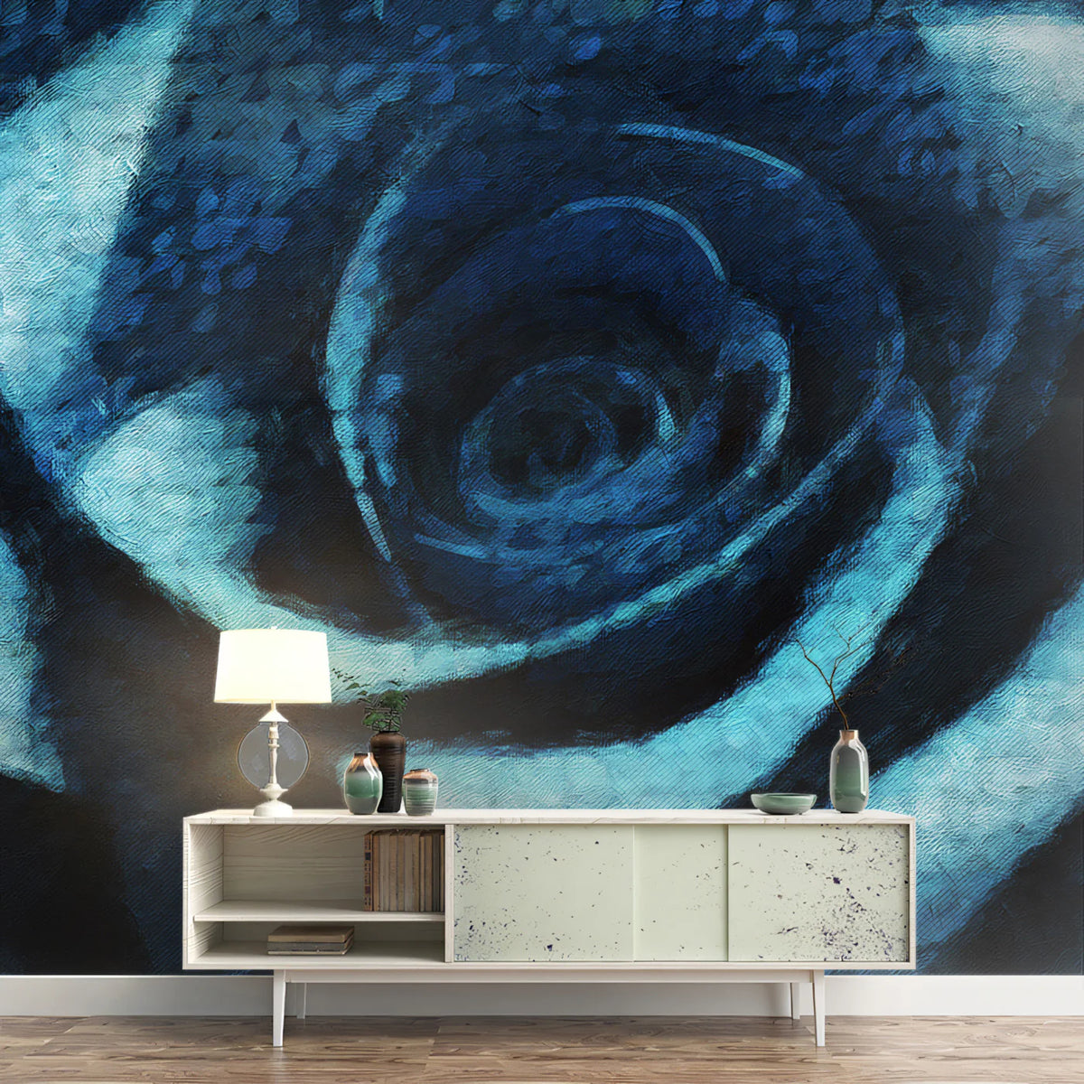 Deep Blue Rose Oil Painting Mural Wallpaper — Moody Floral Art Mural Wallpaper - room preview 02
