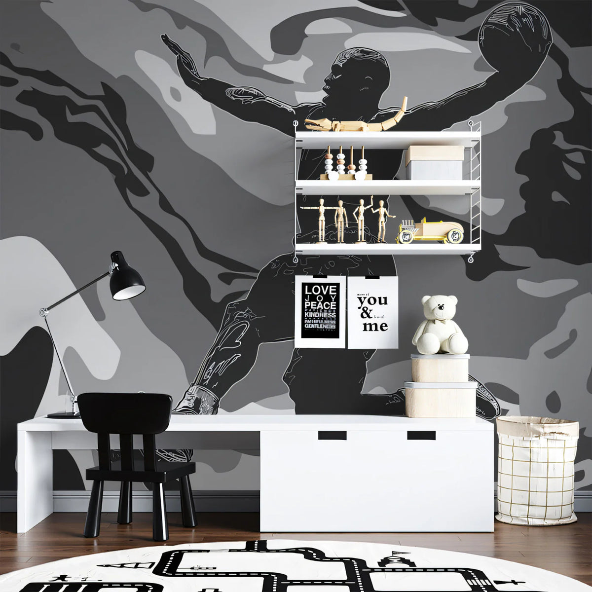 Basketball Dunk Abstract Mural Wallpaper — Monochrome Camo Design Mural Wallpaper - room preview 02