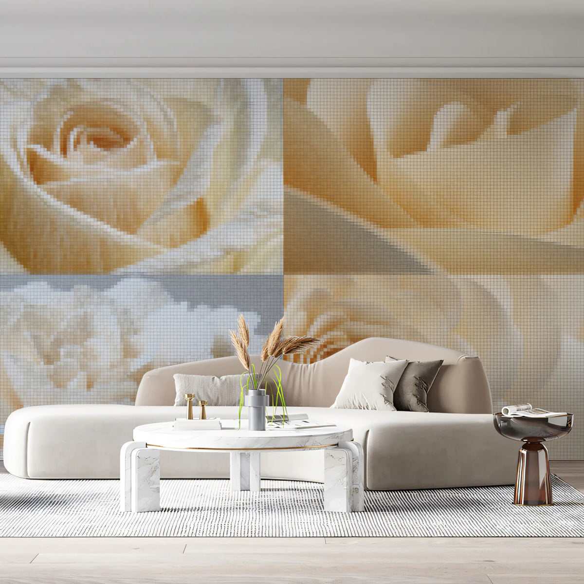 Quad Rose Mosaic Mural Wallpaper — Cream and Soft Amber Tones Mural Wallpaper - room preview 02