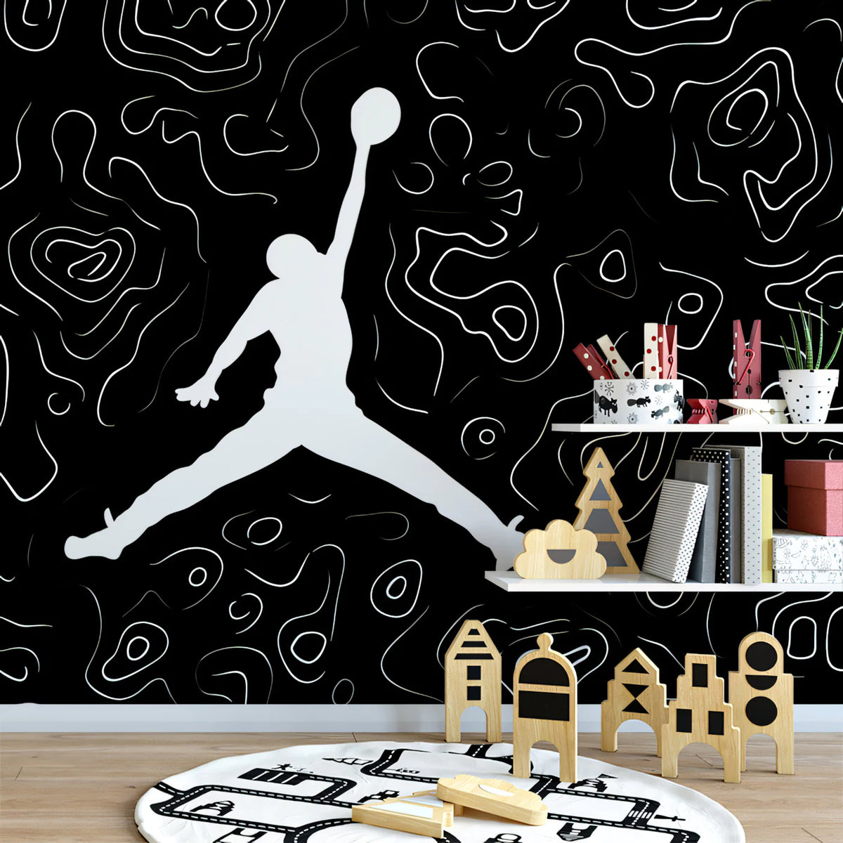 Basketball Contour Line Mural Wallpaper — Graphic Athletic Style Mural Wallpaper - room preview 02