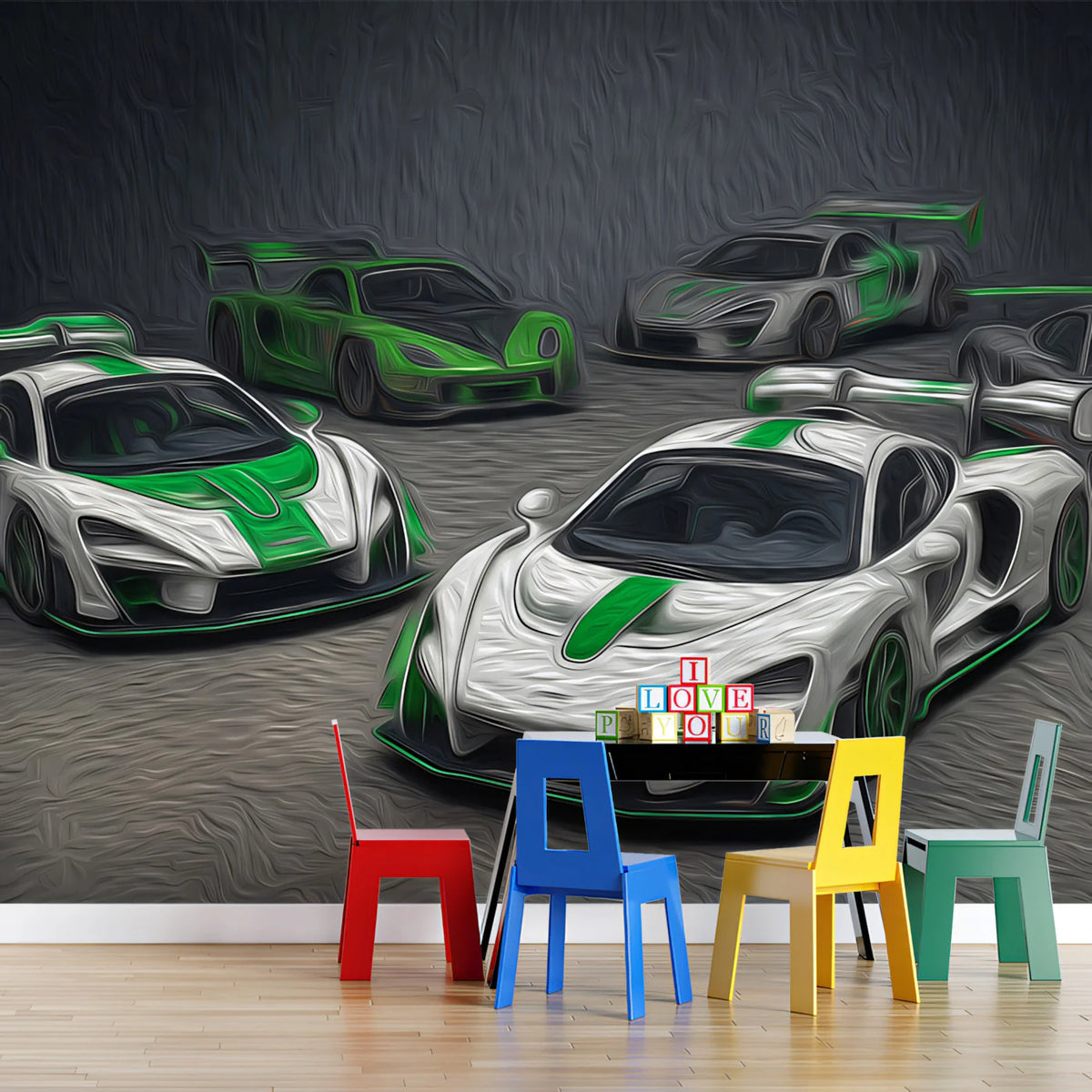 Hypercar Racing Mural Wallpaper — Expressive Brushstroke Style Mural Wallpaper - room preview 02