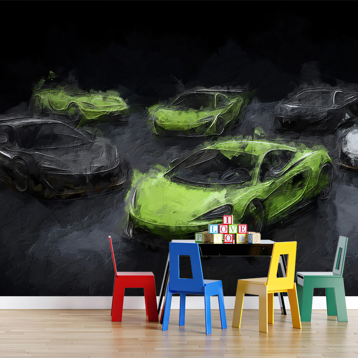 Neon Hypercar Cluster Mural Wallpaper —Expressionistic Oil Style Mural Wallpaper - room preview 02