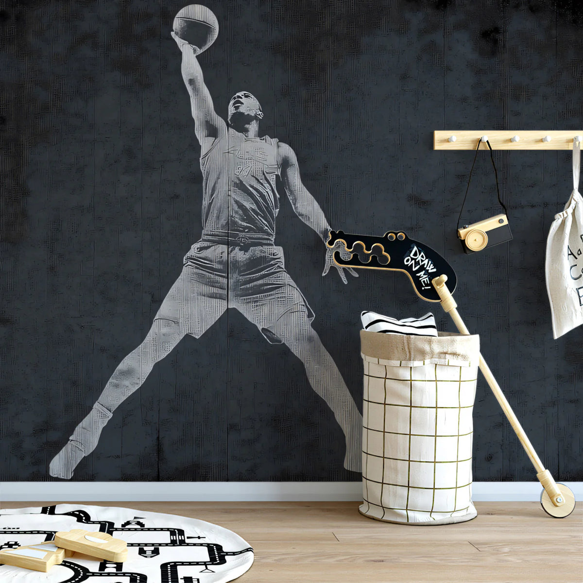 Basketball Player Silhouette Mural Wallpaper — Grunge Charcoal Mural Wallpaper - room preview 02