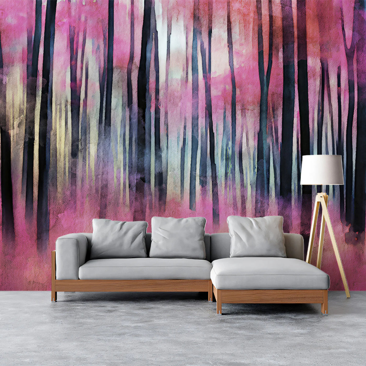 Abstract Magenta Forest Mural Wallpaper — Surreal Watercolor Landscape Mural Wallpaper - room preview 02