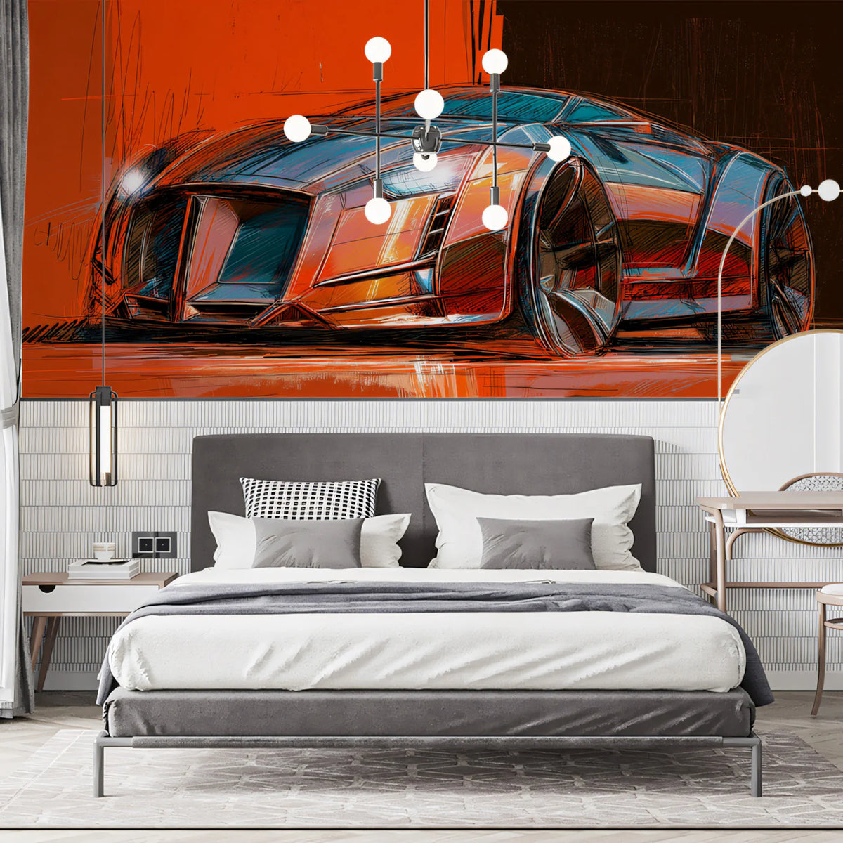 Concept Car Sketch Mural Wallpaper — Dynamic Industrial Line Art Mural Wallpaper - room preview 02