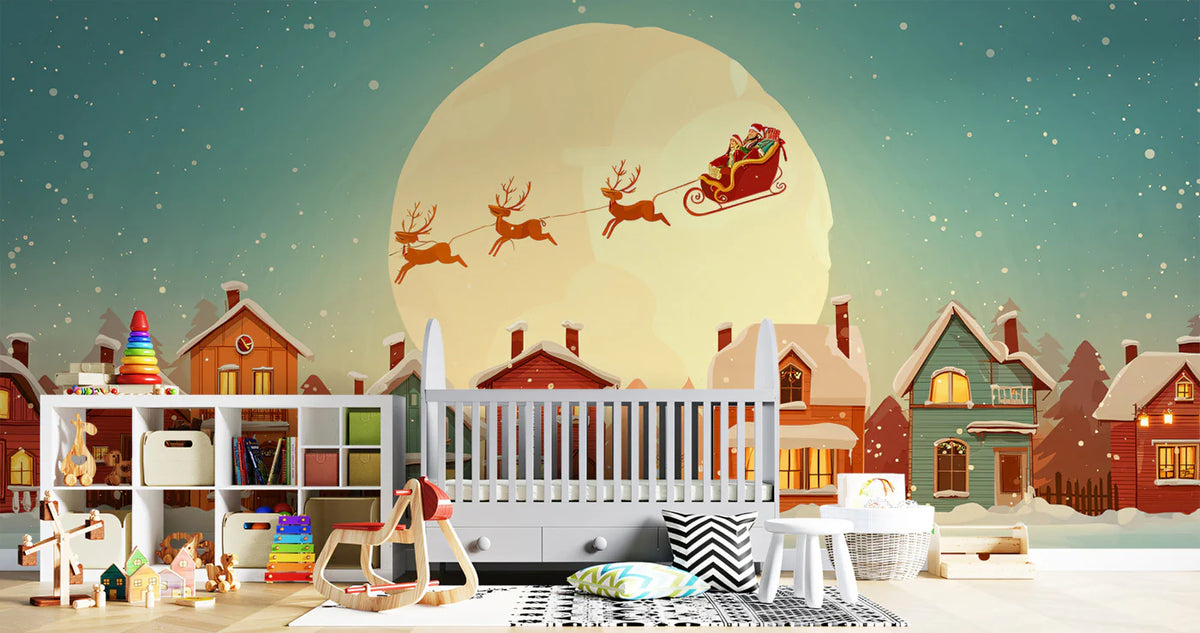 Christmas Village Night Mural Wallpaper — Whimsical Holiday Scene Mural Wallpaper - room preview 02