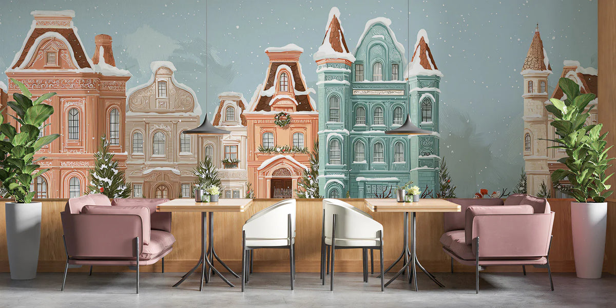 Winter Village Street Mural Wallpaper — Watercolor Festive Scene Mural Wallpaper - room preview 02