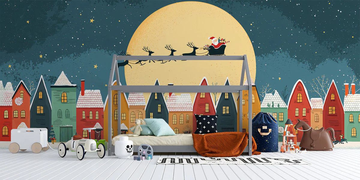 Christmas Village Night Mural Wallpaper — Whimsical Holiday Scene Mural Wallpaper - room preview 02