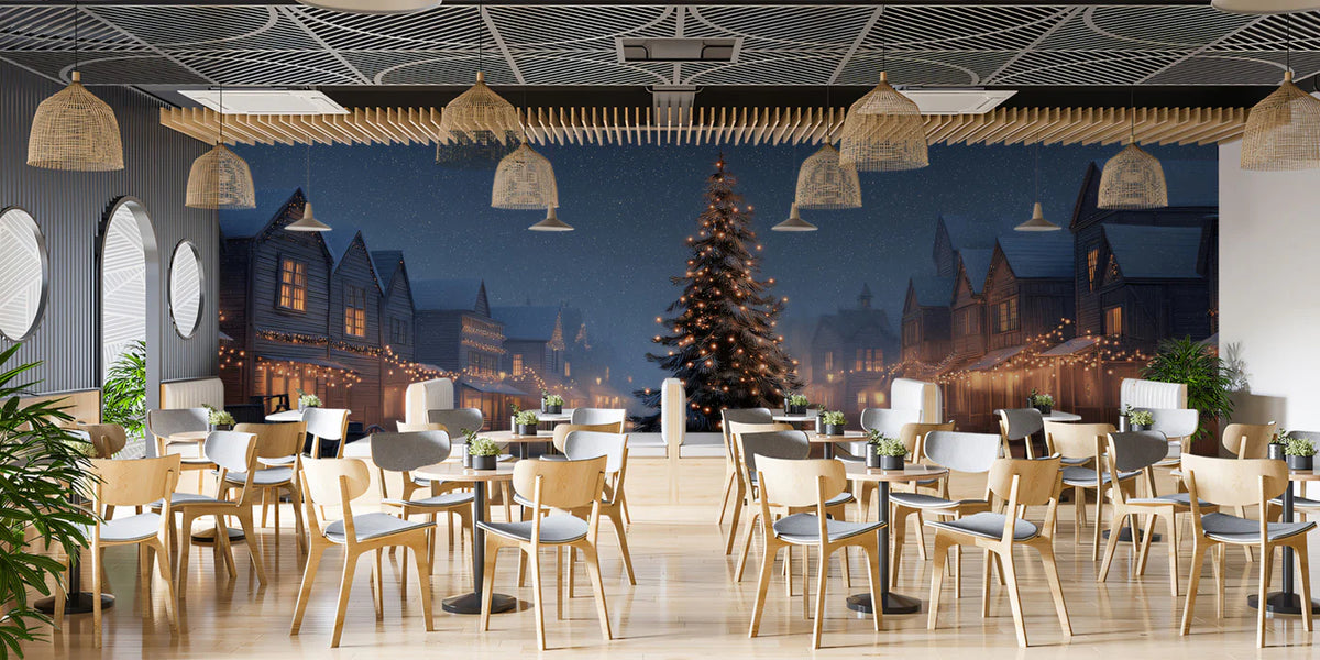 Snowy Western Town Christmas Mural Wallpaper — Cinematic Night Scene Mural Wallpaper - room preview 02