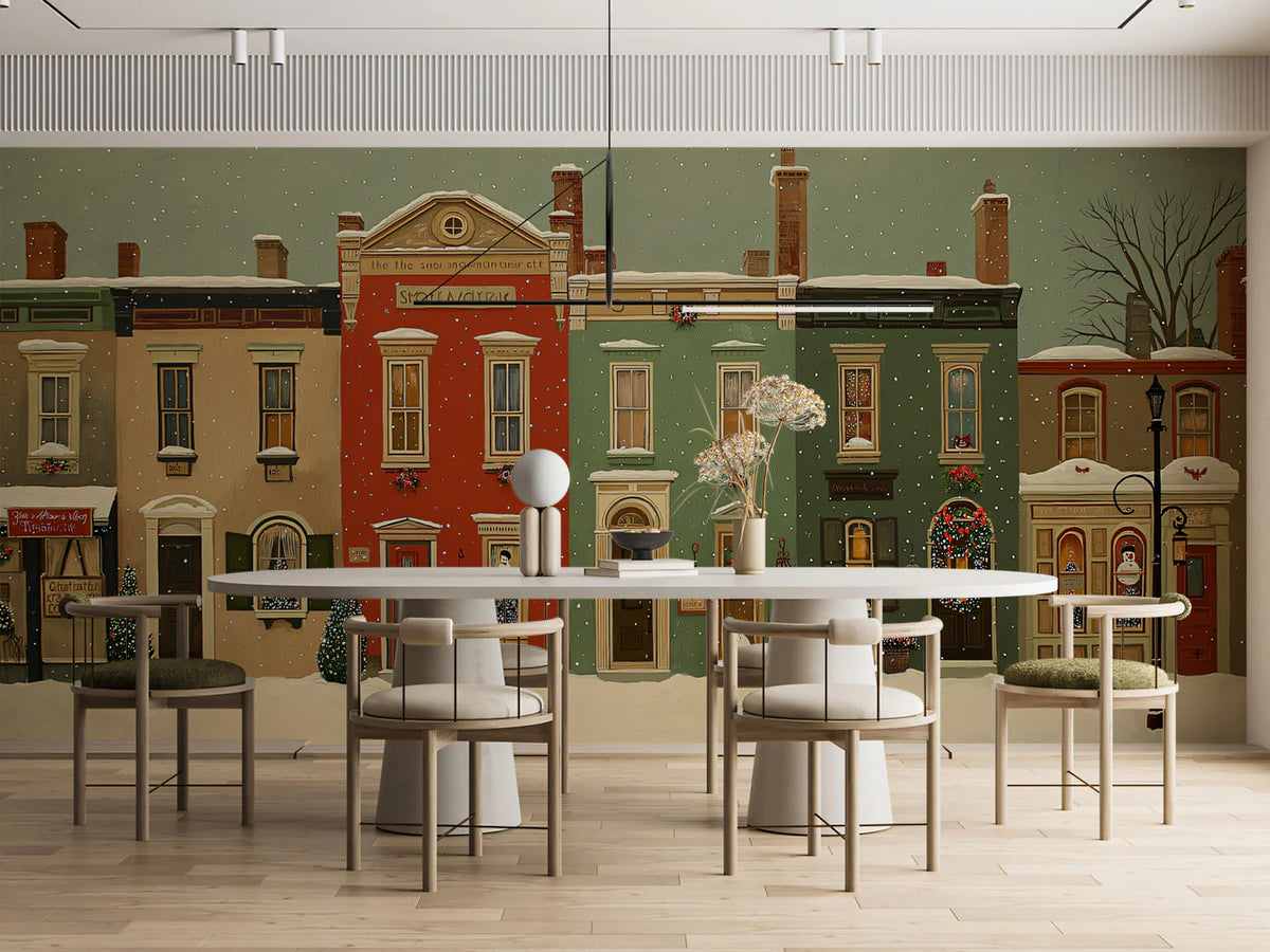 Snowy Townhouse Christmas Mural Wallpaper — Festive Street Scene Mural Wallpaper - room preview 02