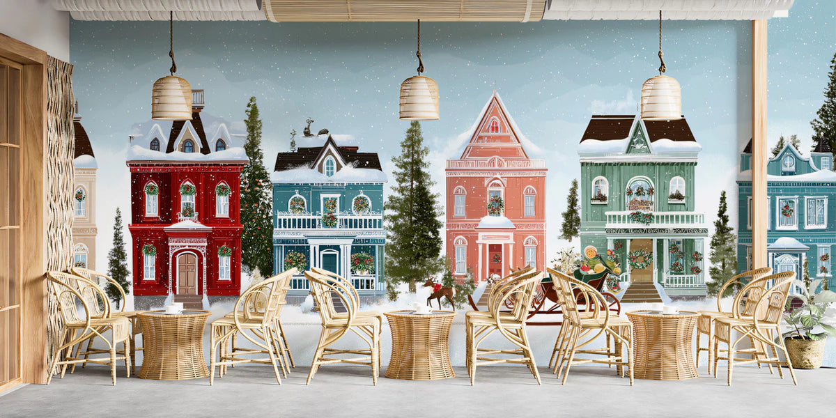 Winter Village Street Mural Wallpaper — Holiday Townhouse Scene Mural Wallpaper - room preview 02
