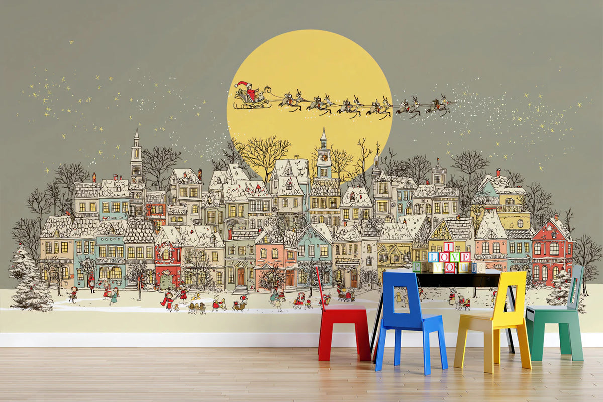 Christmas Town Sketch Mural Wallpaper — Whimsical Storybook Scene Mural Wallpaper - room preview 02