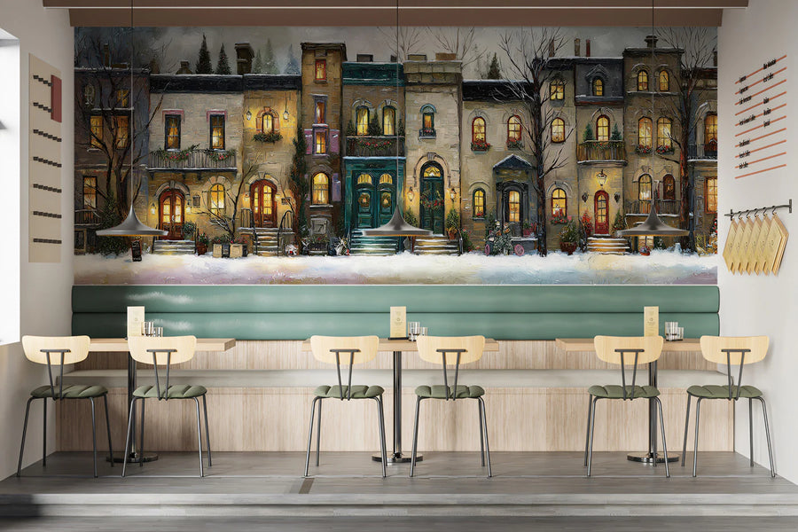 Painted Mural Wallpaper – Illustration Wall Mural – Snowy Townhouse Holiday — Festive Oil Painting
