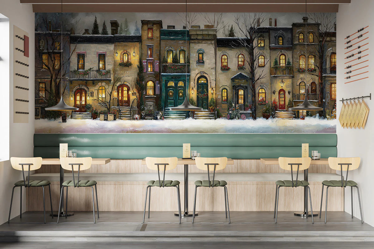 Snowy Townhouse Holiday Mural Wallpaper — Festive Oil Painting Mural Wallpaper - room preview 02