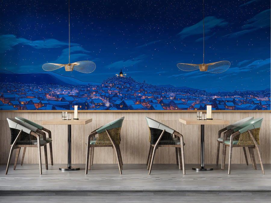 Painted Mural Wallpaper – Illustration Wall Mural – Snowy Village Night — Cozy Winter Illustration