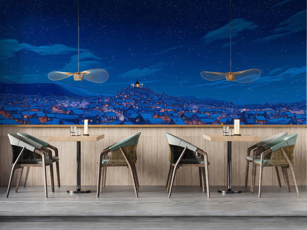 Snowy Village Night Mural Wallpaper — Cozy Winter Illustration Mural Wallpaper - room preview 02
