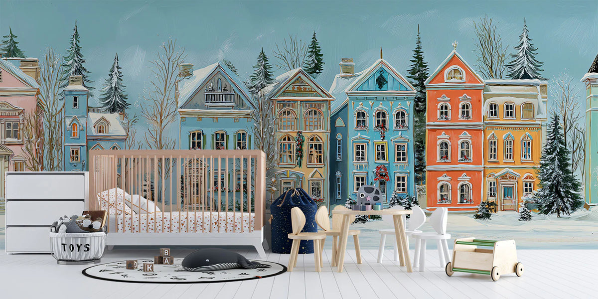 Pastel Christmas Village Mural Wallpaper — Whimsical Townscape Mural Wallpaper - room preview 02