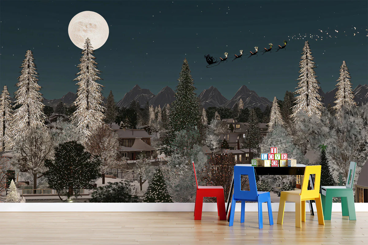 Santa Night Flight Mural Wallpaper — Winter Forest Holiday Scene Mural Wallpaper - room preview 02