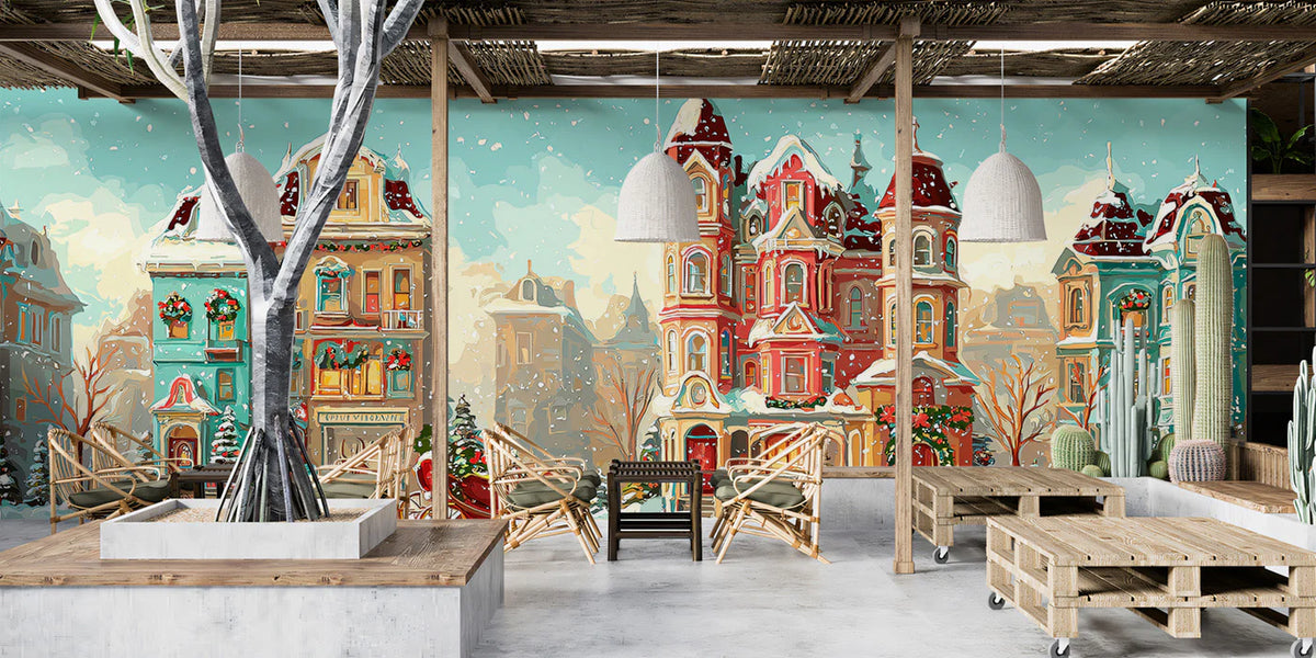 Victorian Christmas Town Mural Wallpaper — Festive Holiday Scene Mural Wallpaper - room preview 02