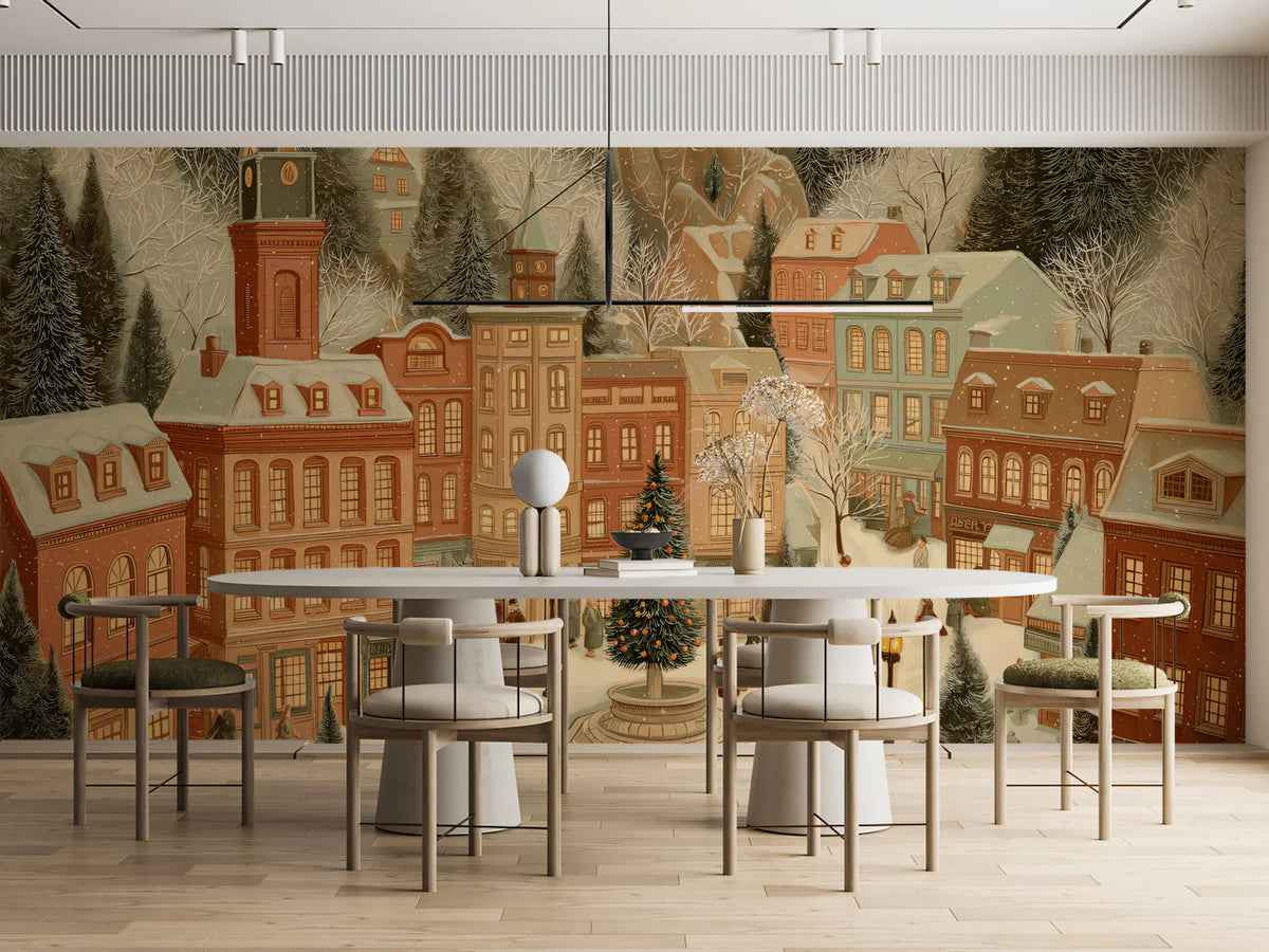 Victorian Town Square Mural Wallpaper — Vintage Holiday Scene Mural Wallpaper - room preview 02