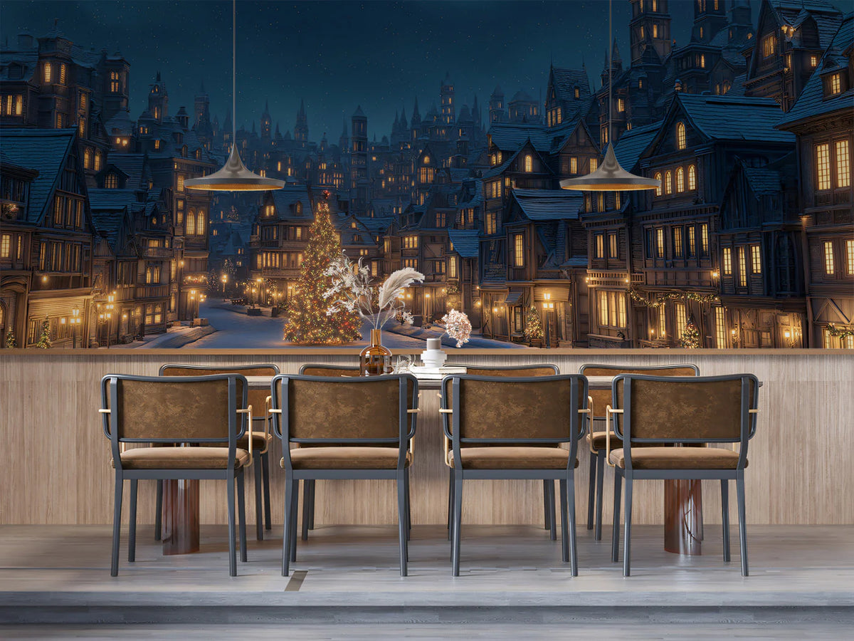 Old European Winter City Mural Wallpaper — Festive Architectural Mural Wallpaper - room preview 02
