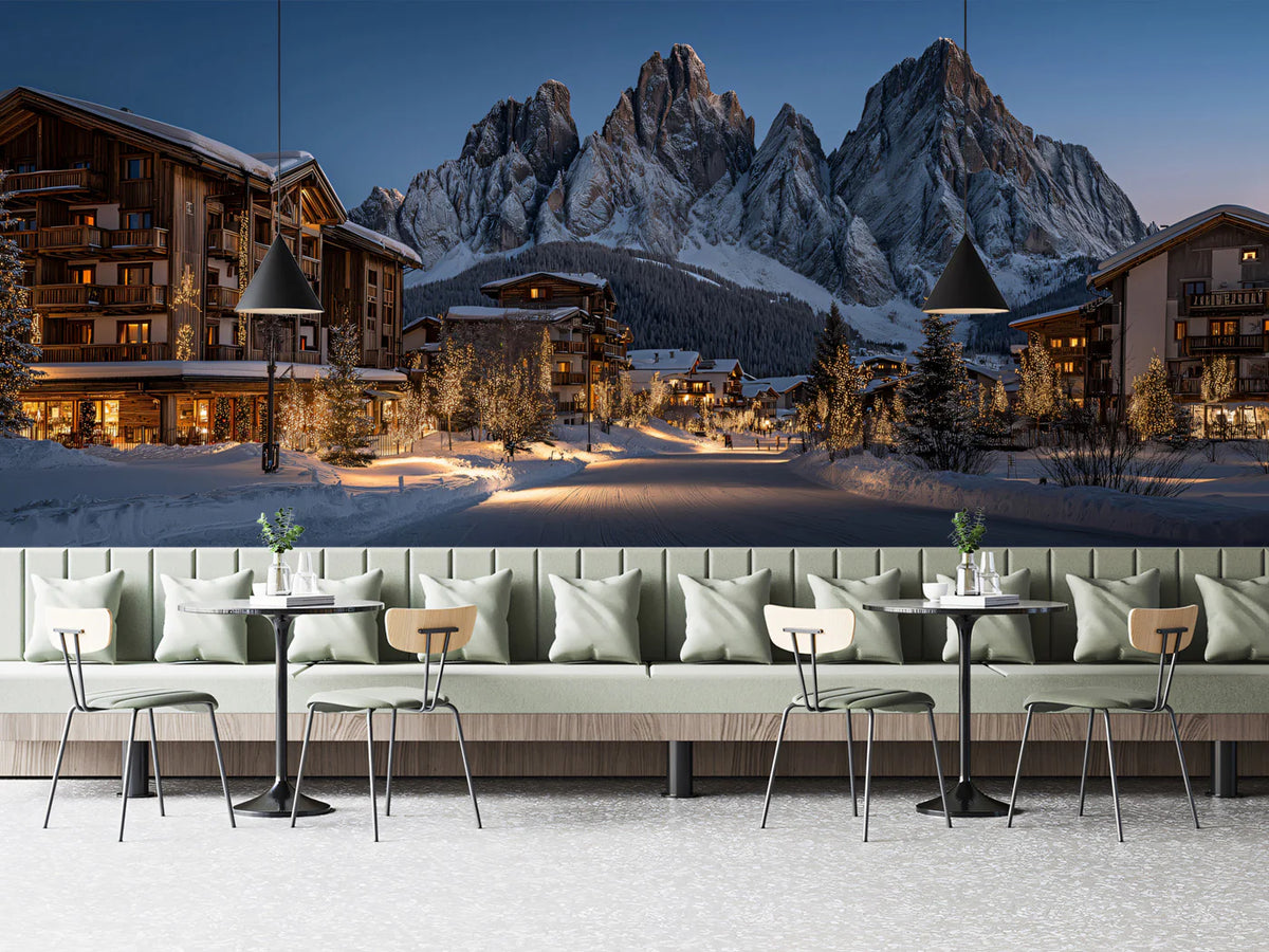 Dolomite Mountain Village Mural Wallpaper — Twilight Winter Scene Mural Wallpaper - room preview 02
