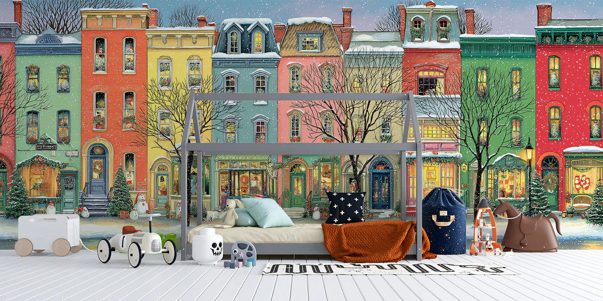 Snowy Row House Mural Wallpaper — Festive Folk Art Street Scene Mural Wallpaper - room preview 02