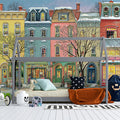 Snowy Row House Mural Wallpaper — Festive Folk Art Street Scene Mural Wallpaper - room preview 02