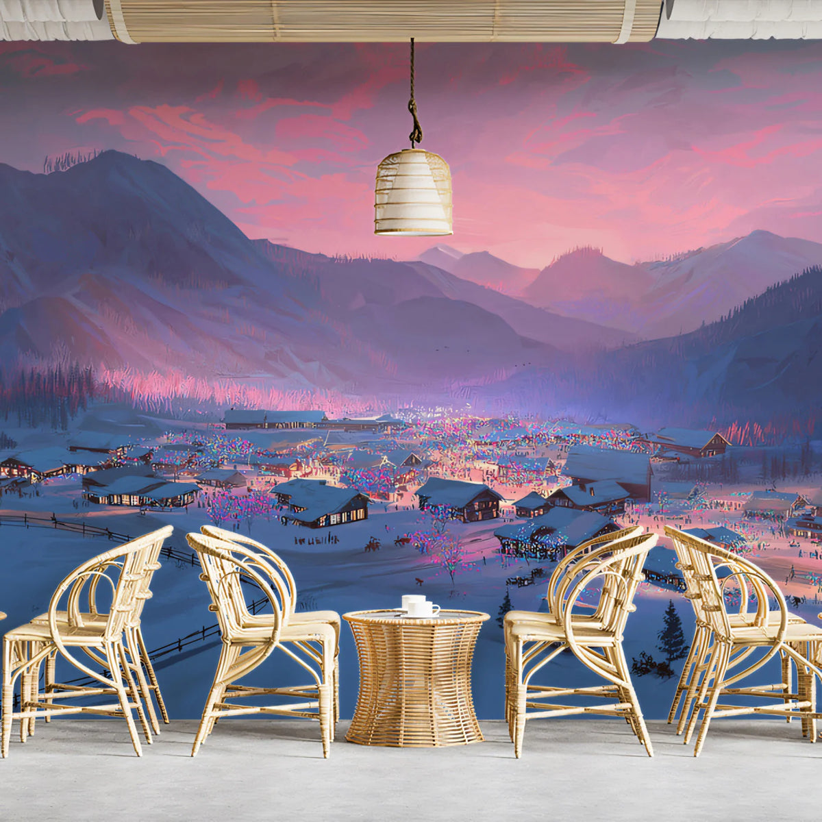 Alpine Snowy Village Mural Wallpaper — Sunset Winter Mountain Scene Mural Wallpaper - room preview 02