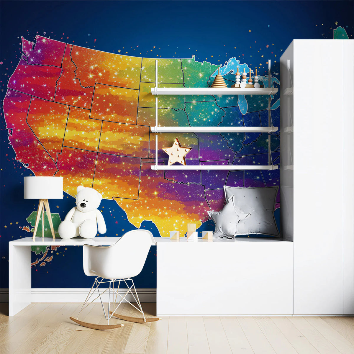 Rainbow Starburst USA Map Mural Wallpaper — Vibrant Cosmic Wall Art Mural Wallpaper - room preview 02