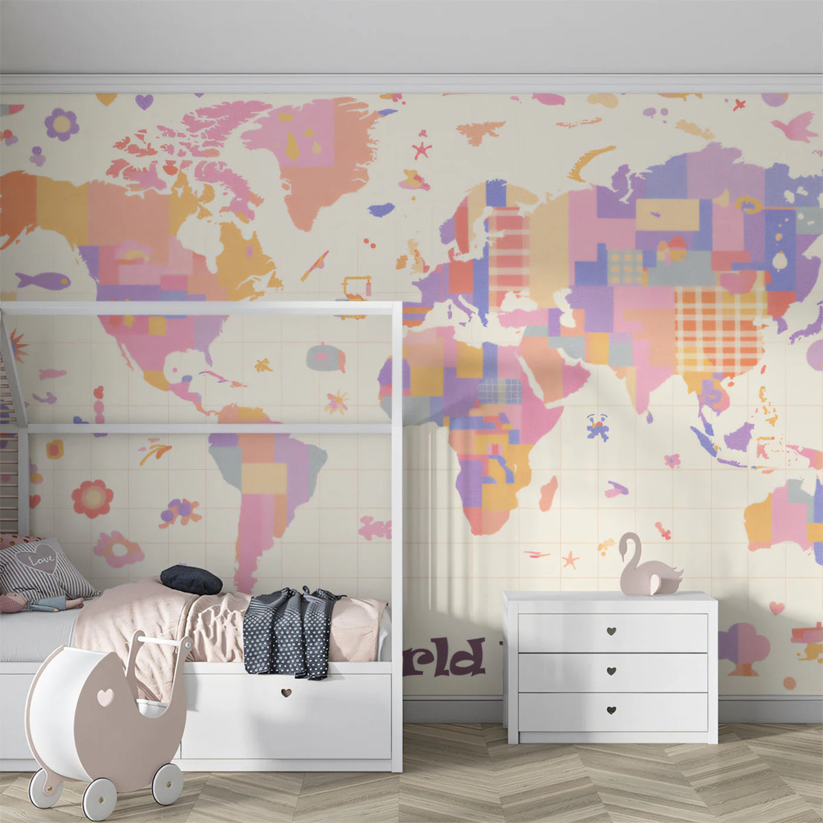 Pastel World Map Kids Mural Wallpaper Whimsical Motifs, Soft Geometric Blocks, Educational Nursery Art Mural Wallpaper - room preview 02