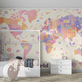 Pastel World Map Kids Mural Wallpaper Whimsical Motifs, Soft Geometric Blocks, Educational Nursery Art Mural Wallpaper - room preview 02