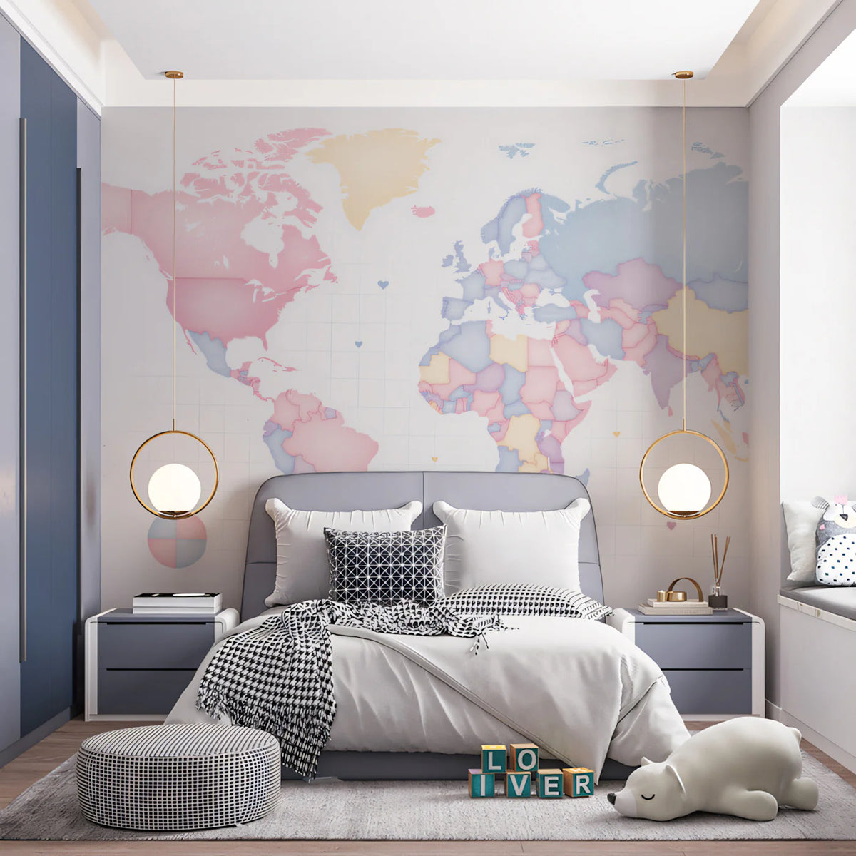 Pastel World Map Mural Wallpaper — Minimalist Cartography Mural Wallpaper - room preview 02