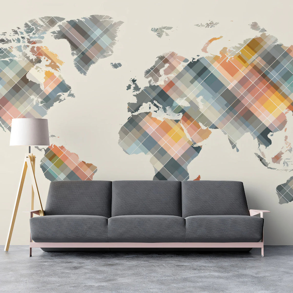 Pixel Plaid World Map Mural Wallpaper — Geometric Cartography Mural Wallpaper - room preview 02