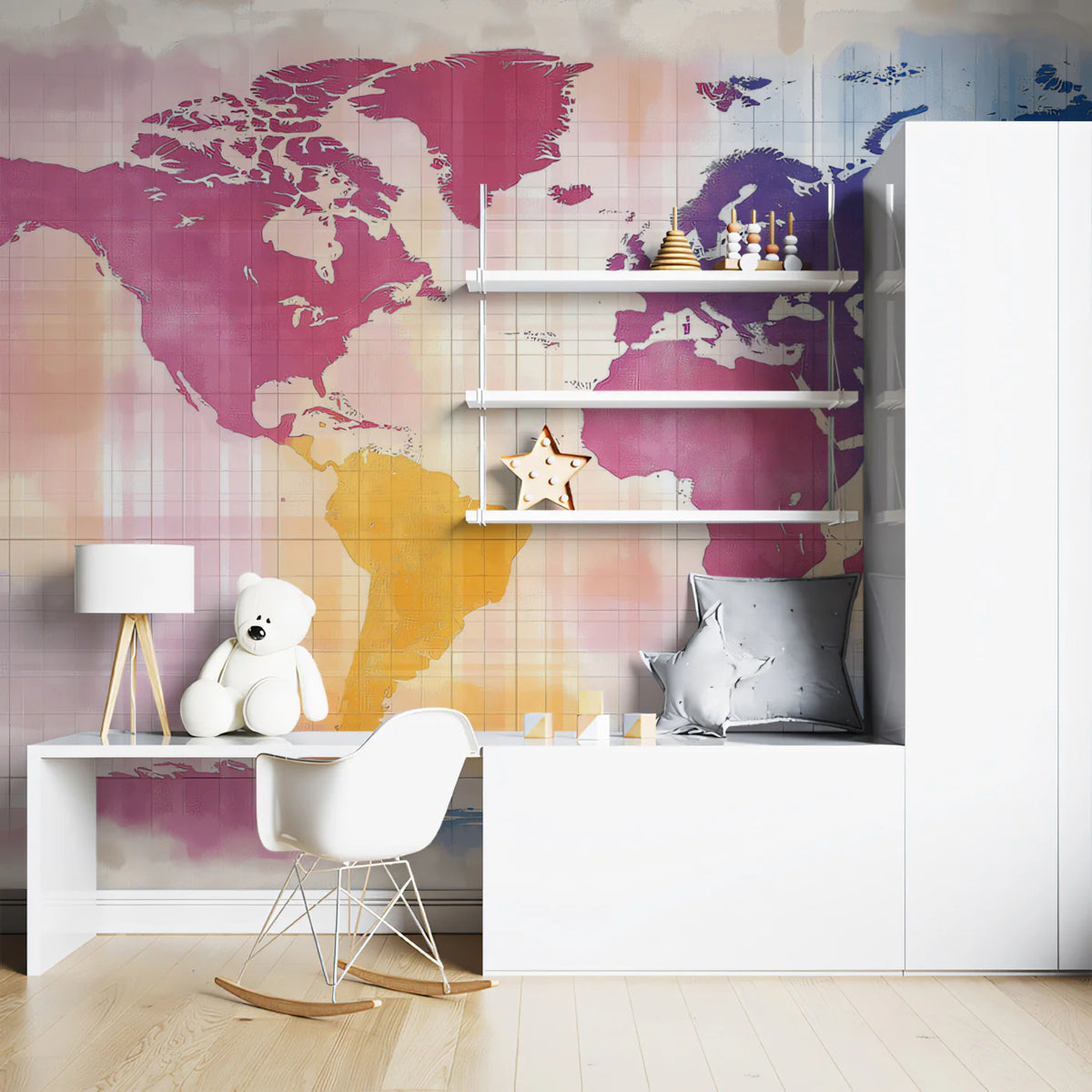 Abstract Watercolor World Map Mural Wallpaper — Vibrant Cartography Mural Wallpaper - room preview 02