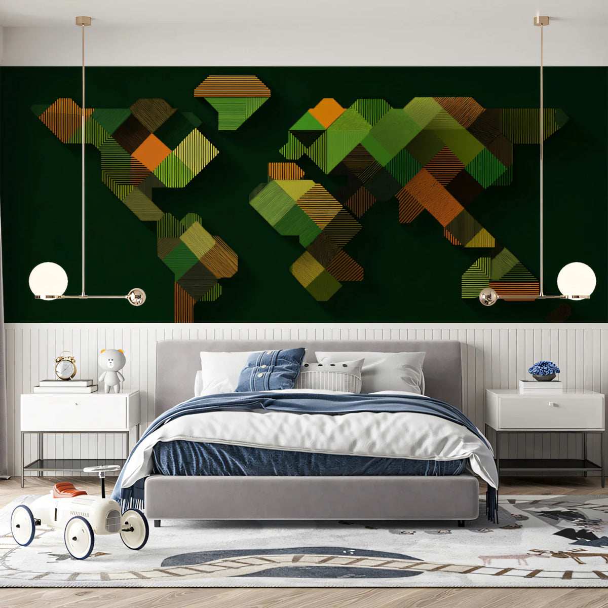 Abstract Geometric World Map Mural Wallpaper — Deep Green Tones Mural Wallpaper - room preview 02