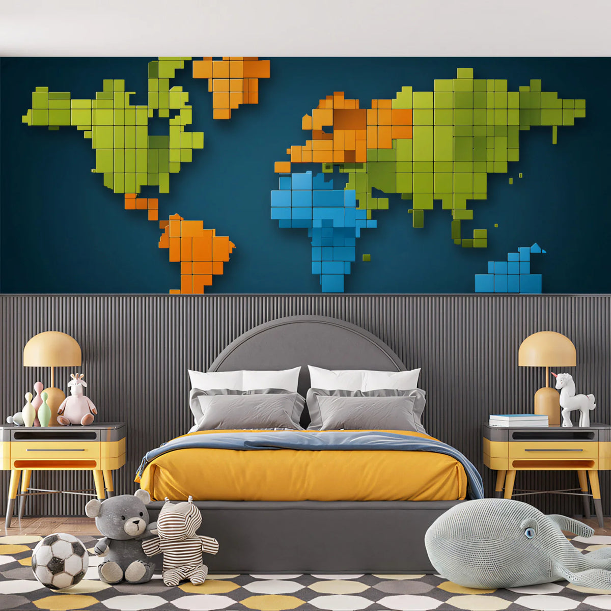 Pixelated World Map Mural Wallpaper — Modern Geometric Relief Mural Wallpaper - room preview 02