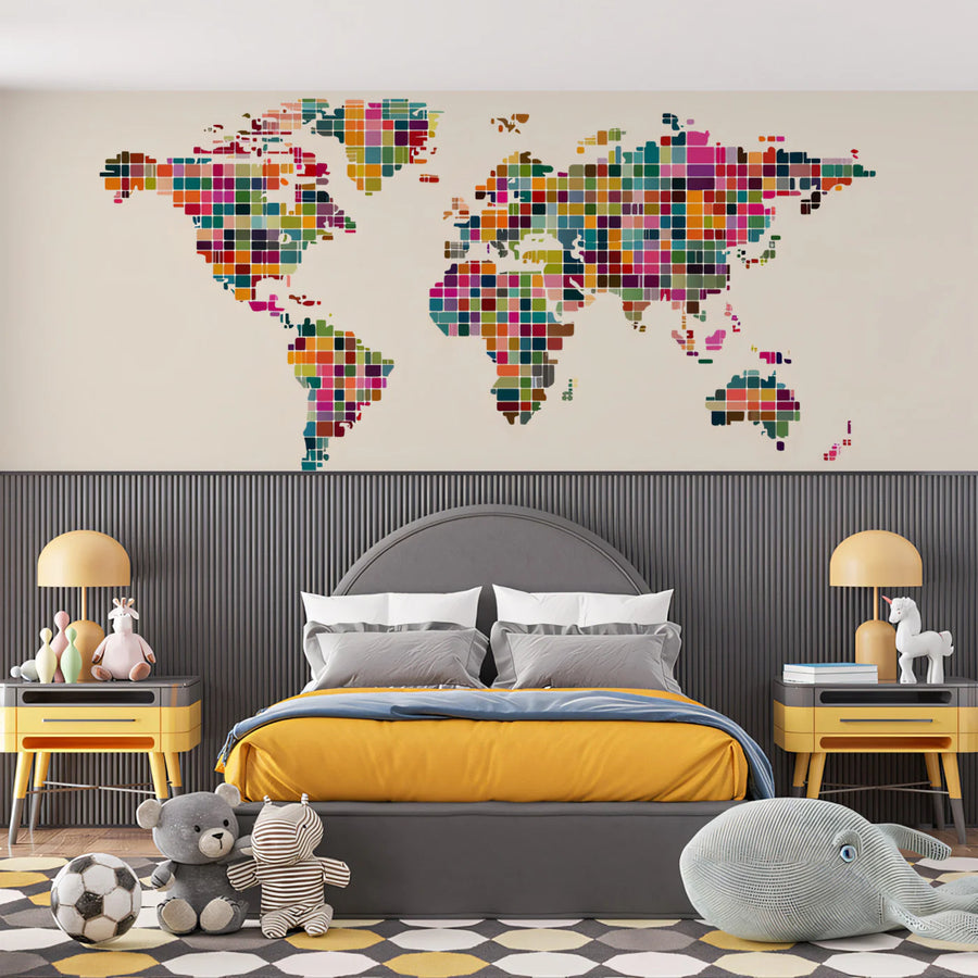 World Map Wallpaper Mural – Map Wall Mural – Pixel World Map — Colorful Geometric Grid Decor