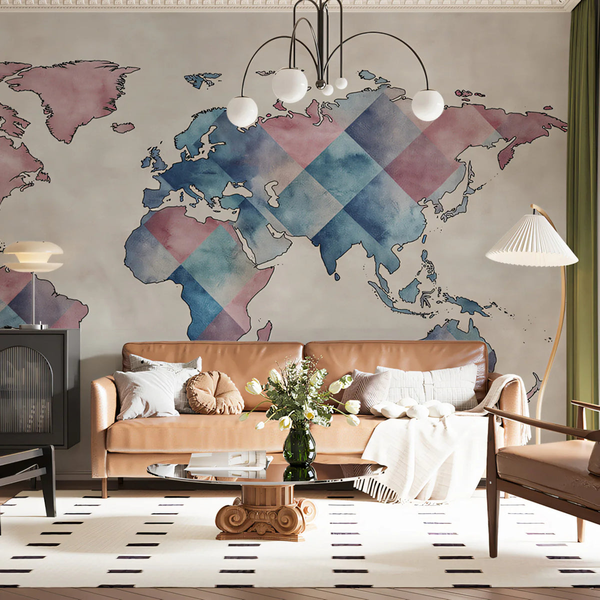 Watercolor Argyle World Map Mural — Soft Geometric Cartography Mural Wallpaper - room preview 02