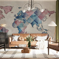 Watercolor Argyle World Map Mural — Soft Geometric Cartography Mural Wallpaper - room preview 02
