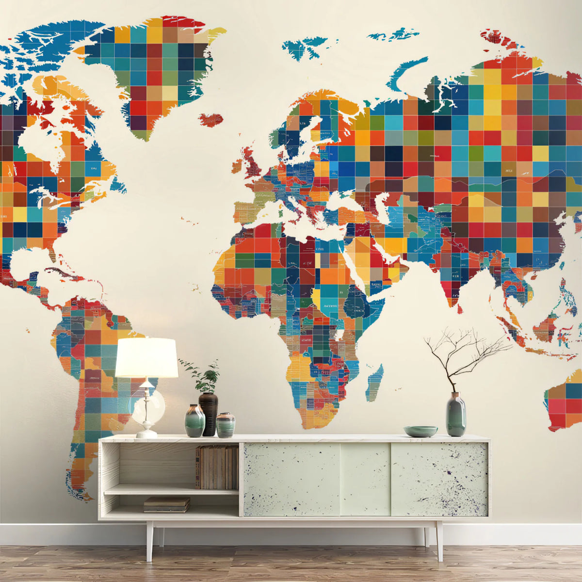 Patchwork World Map Mural Wallpaper — Geometric Global Art Mural Wallpaper - room preview 02