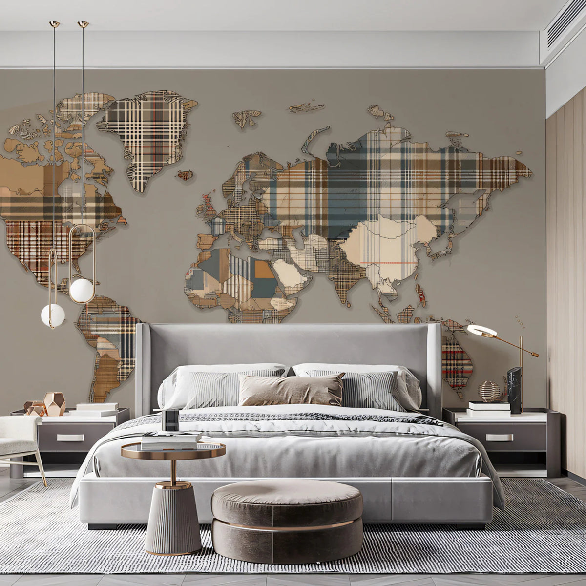 Plaid Patchwork World Map Mural Wallpaper — Earthy Rustic Decor Mural Wallpaper - room preview 02