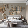 Plaid Patchwork World Map Mural Wallpaper — Earthy Rustic Decor Mural Wallpaper - room preview 02