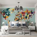 Pixelated World Map Mural Wallpaper — Modern Retro Art Mural Wallpaper - room preview 02