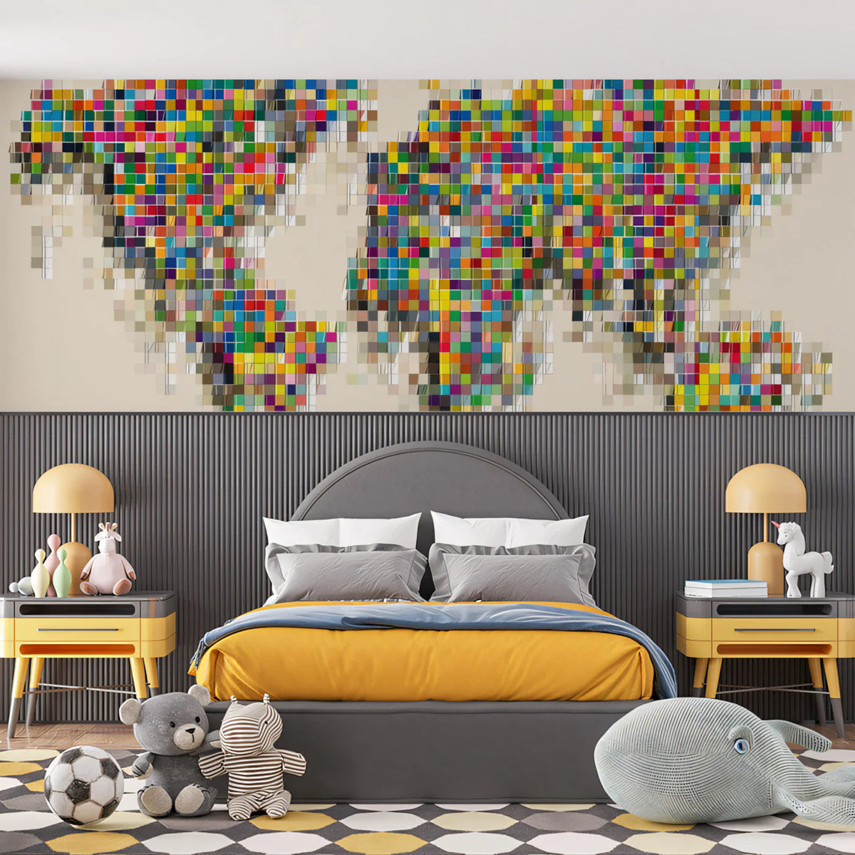 Pixel Map Mural Wallpaper — Vibrant Global Grid Pattern Mural Wallpaper - room preview 02